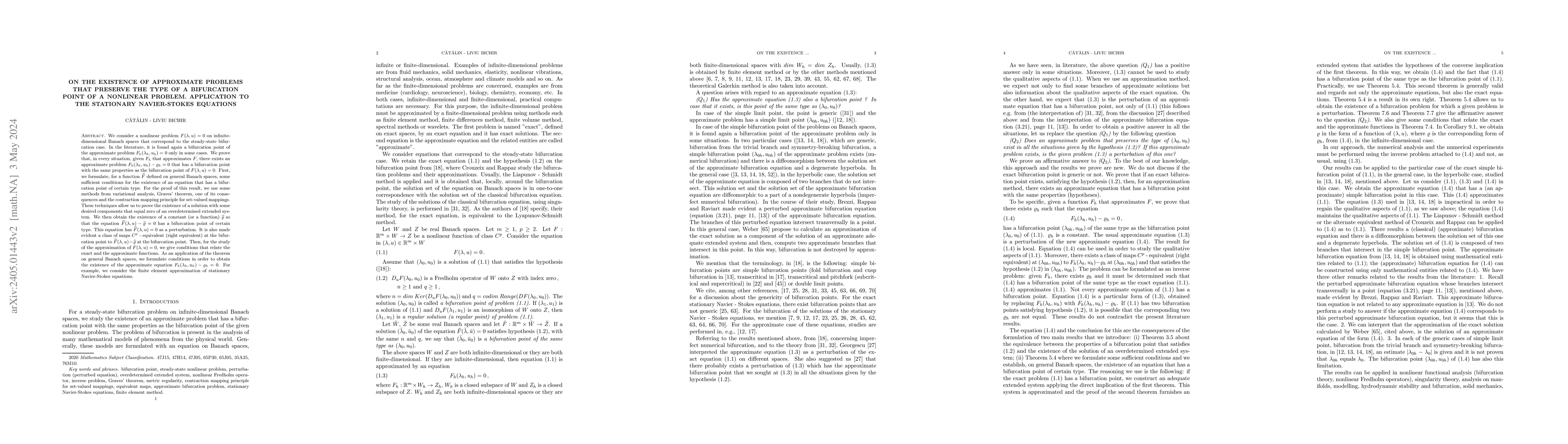 Thumbnail for On the existence of approximate problems that preserve the type of a
  bifurcation point of a nonlinear problem. Application to the stationary
  Navier-Stokes equations