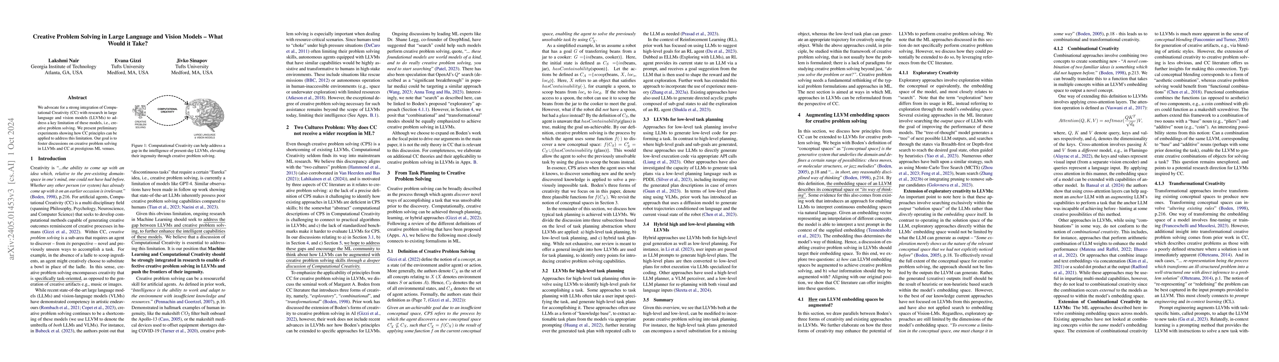 Thumbnail for Creative Problem Solving in Large Language and Vision Models -- What
  Would it Take?