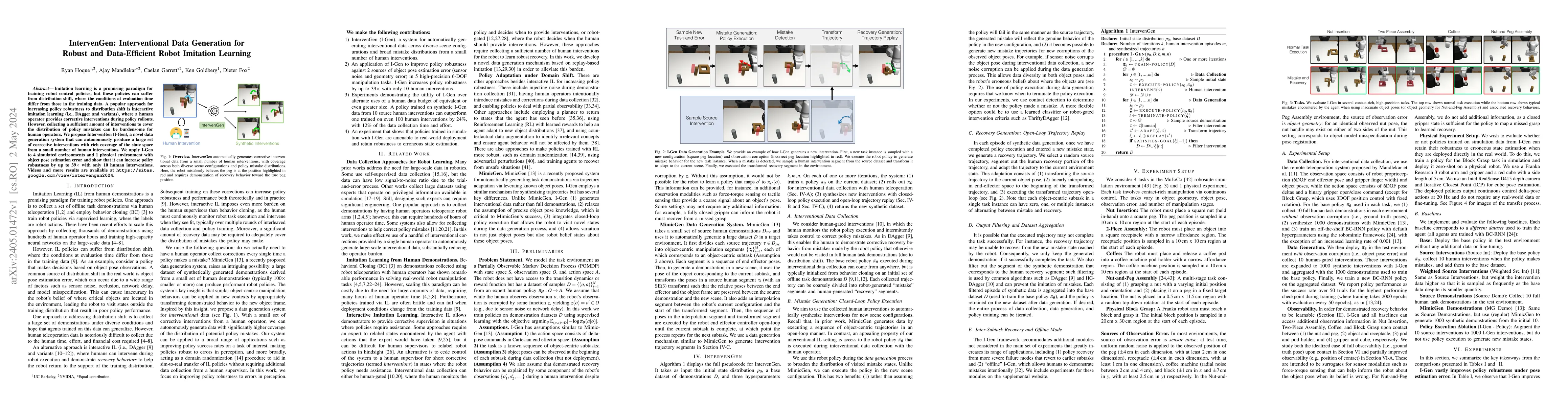 Thumbnail for IntervenGen: Interventional Data Generation for Robust and
  Data-Efficient Robot Imitation Learning