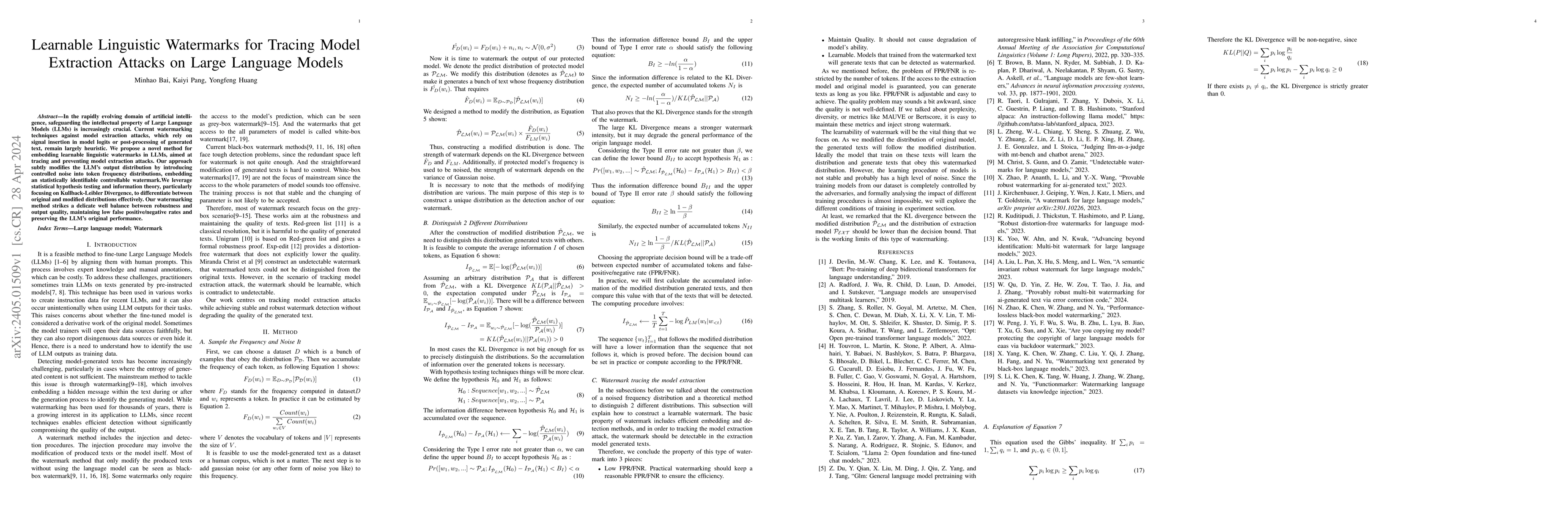 Thumbnail for Learnable Linguistic Watermarks for Tracing Model Extraction Attacks on
  Large Language Models