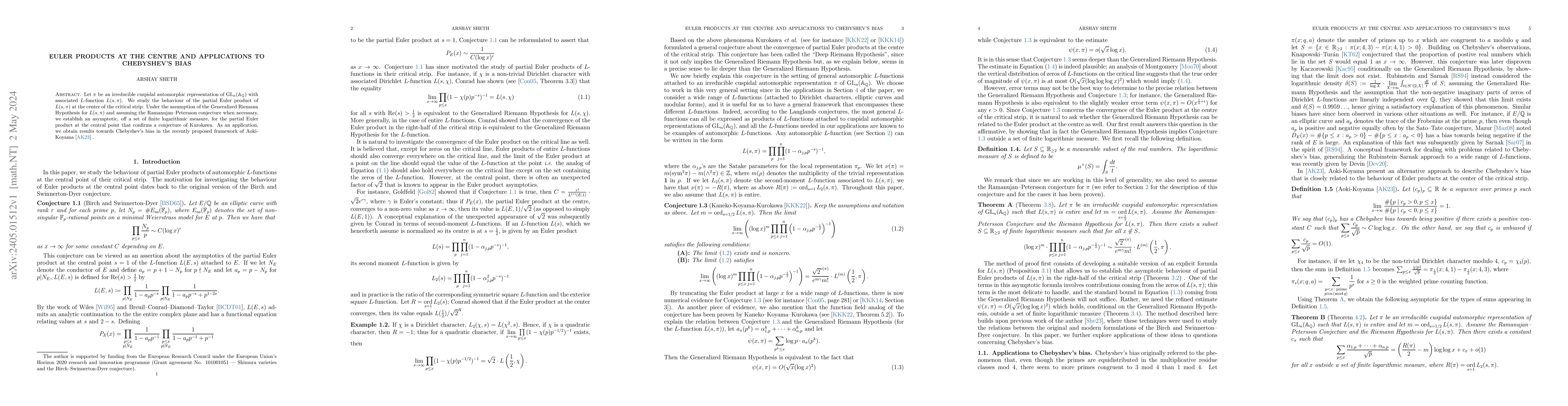 Thumbnail for Euler Products at the Centre and Applications to Chebyshev's Bias