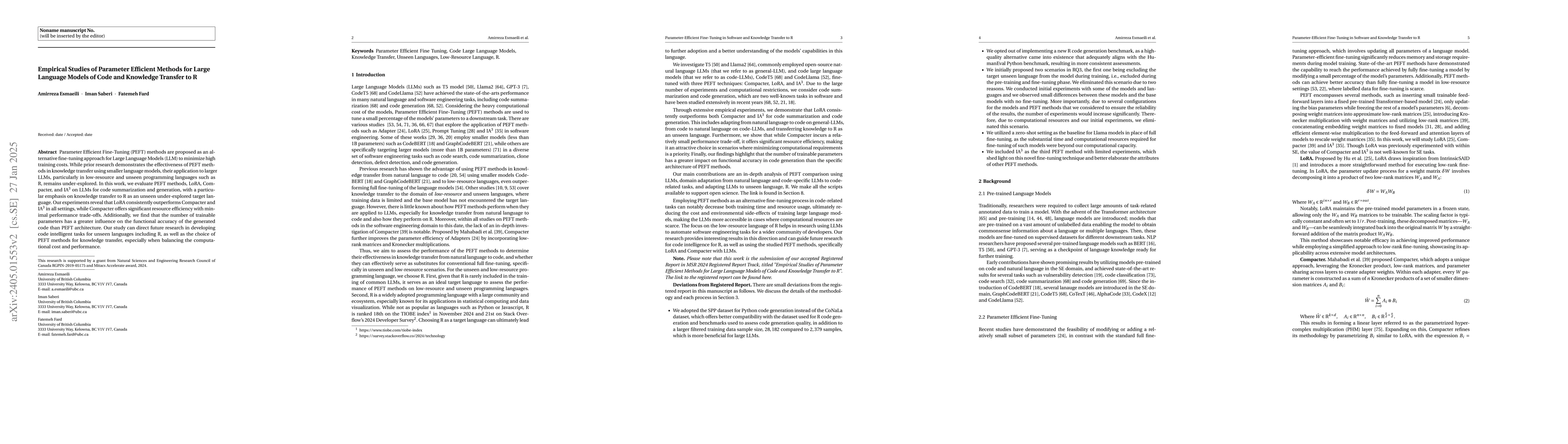 Thumbnail for Empirical Studies of Parameter Efficient Methods for Large Language
  Models of Code and Knowledge Transfer to R