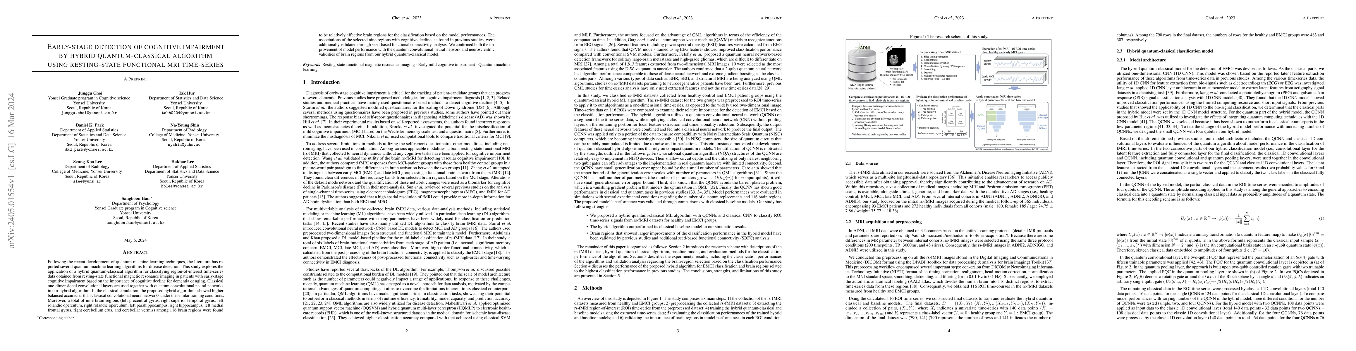Thumbnail for Early-stage detection of cognitive impairment by hybrid
  quantum-classical algorithm using resting-state functional MRI time-series