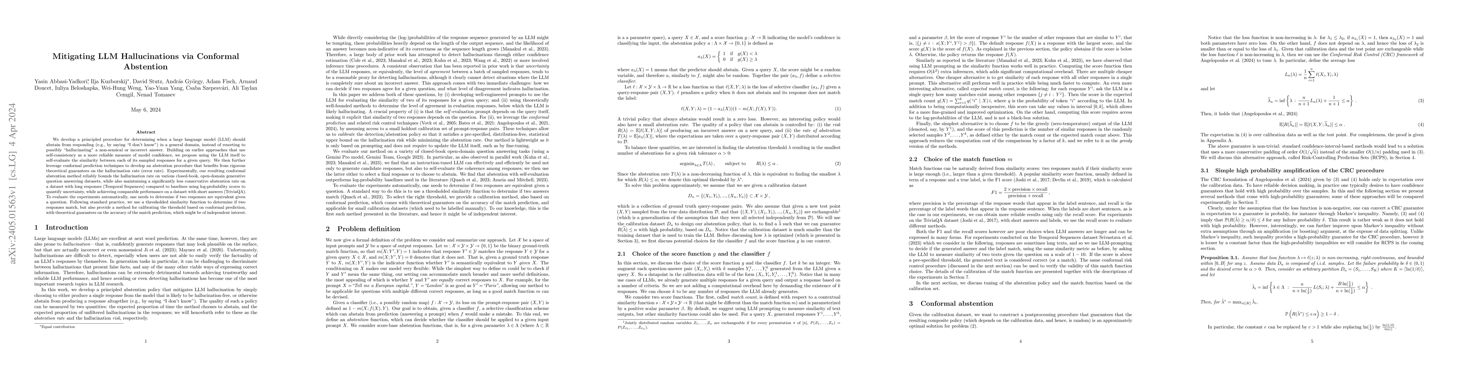 Thumbnail for Mitigating LLM Hallucinations via Conformal Abstention