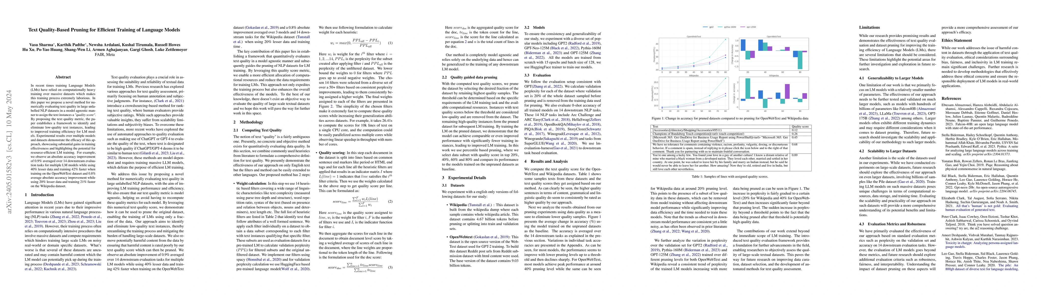 Thumbnail for Text Quality-Based Pruning for Efficient Training of Language Models