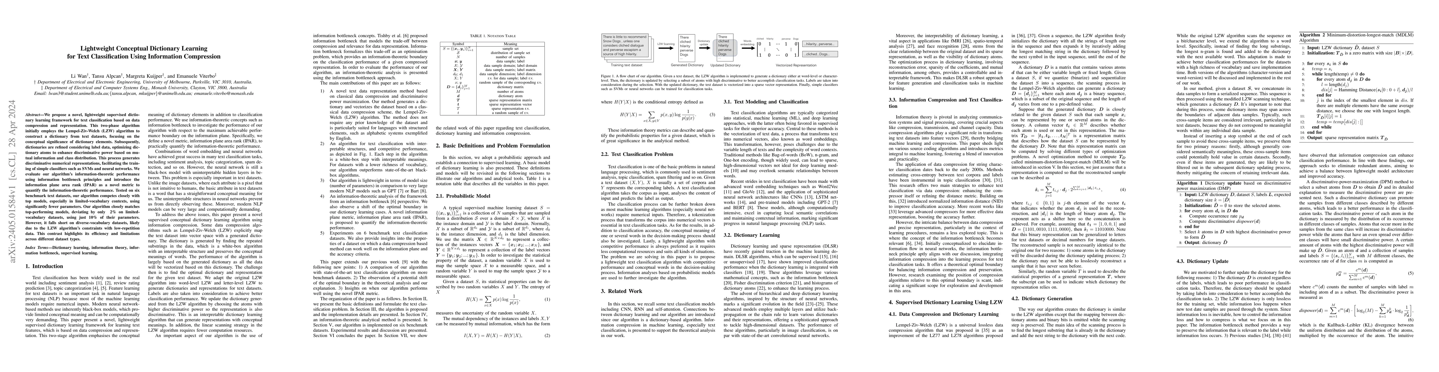 Thumbnail for Lightweight Conceptual Dictionary Learning for Text Classification Using
  Information Compression
