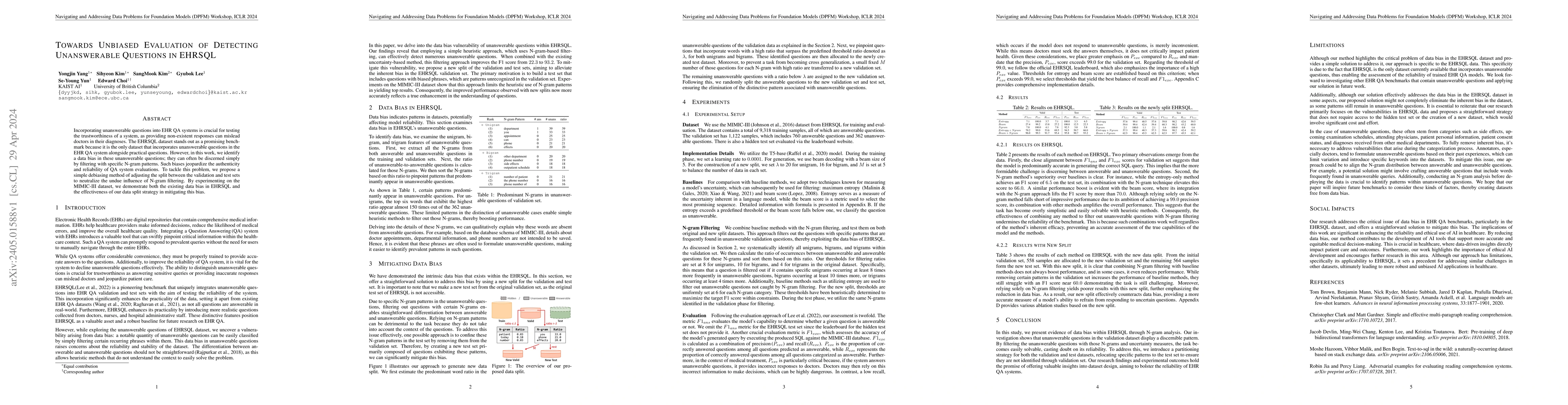 Thumbnail for Towards Unbiased Evaluation of Detecting Unanswerable Questions in
  EHRSQL