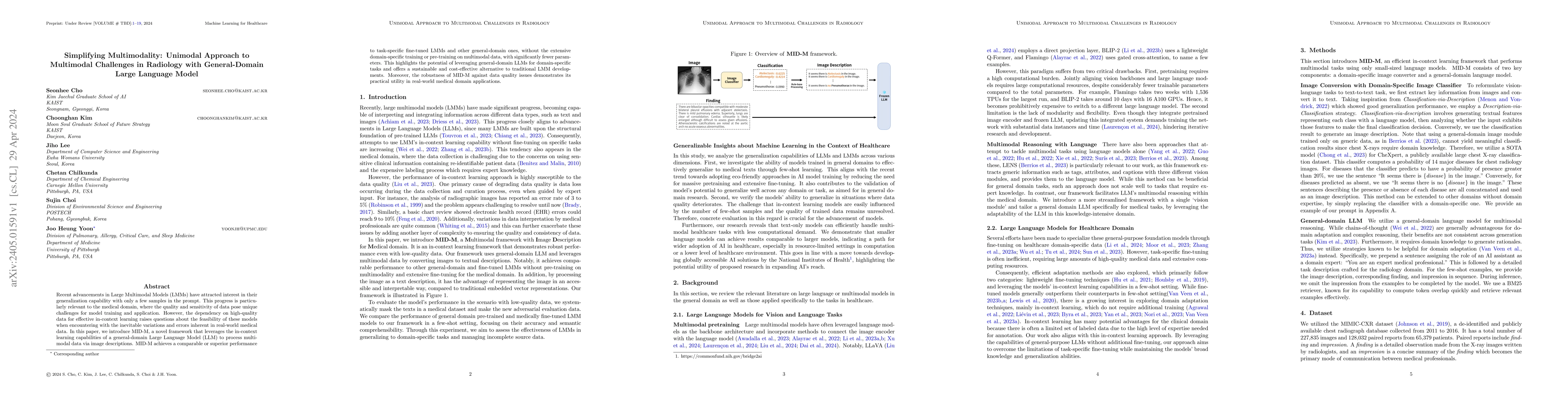 Thumbnail for Simplifying Multimodality: Unimodal Approach to Multimodal Challenges in
  Radiology with General-Domain Large Language Model