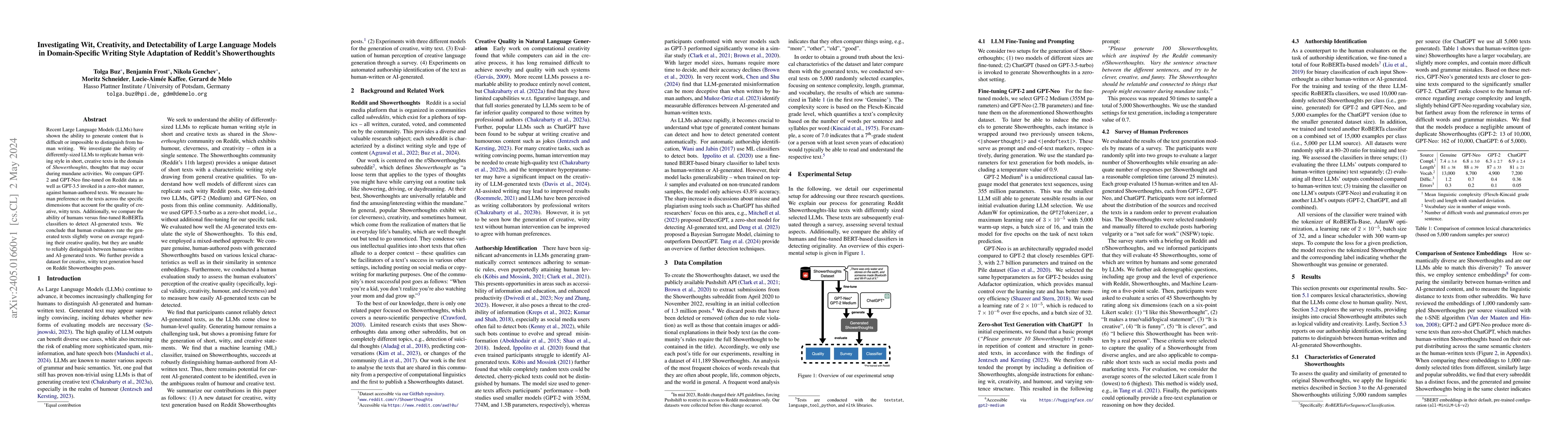Thumbnail for Investigating Wit, Creativity, and Detectability of Large Language
  Models in Domain-Specific Writing Style Adaptation of Reddit's Showerthoughts