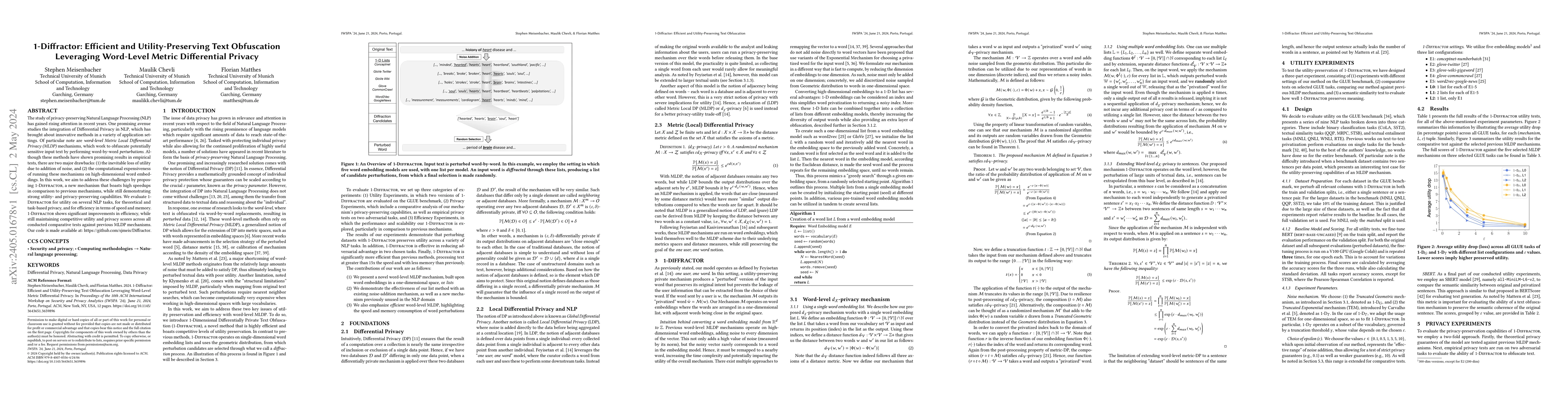 Thumbnail for 1-Diffractor: Efficient and Utility-Preserving Text Obfuscation
  Leveraging Word-Level Metric Differential Privacy