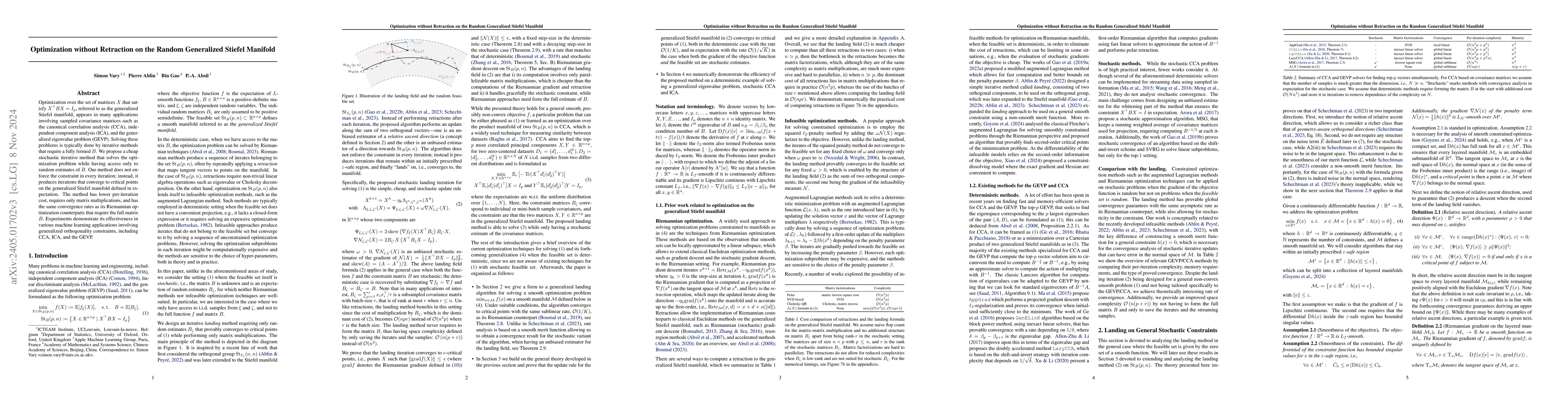 Thumbnail for Optimization without Retraction on the Random Generalized Stiefel
  Manifold