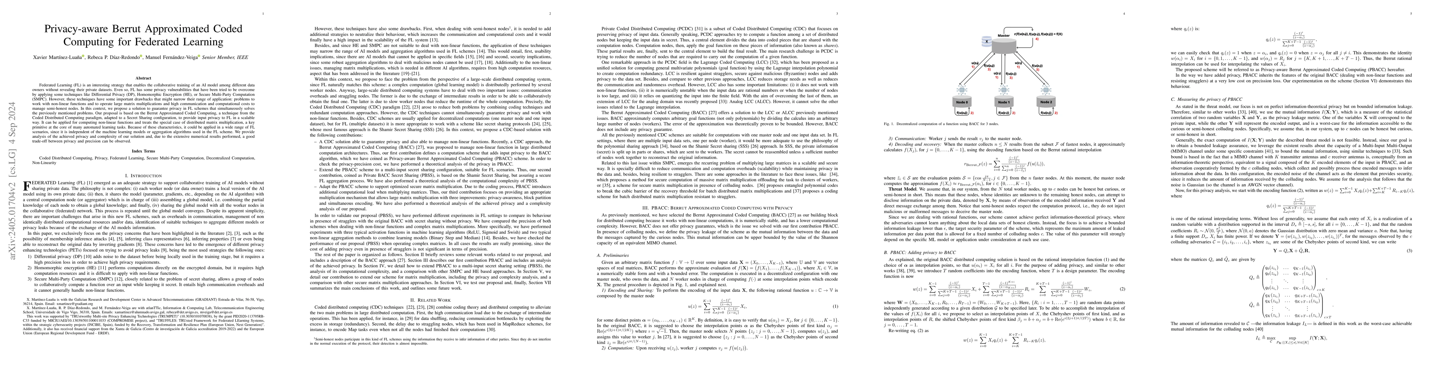 Thumbnail for Privacy-aware Berrut Approximated Coded Computing for Federated Learning
