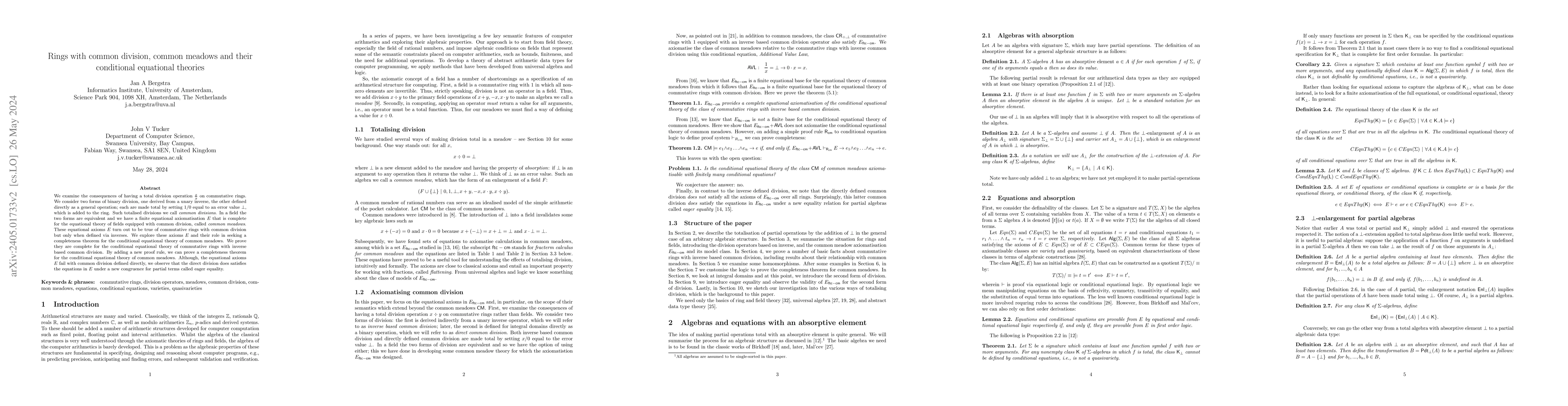 Thumbnail for Rings with common division, common meadows and their conditional
  equational theories
