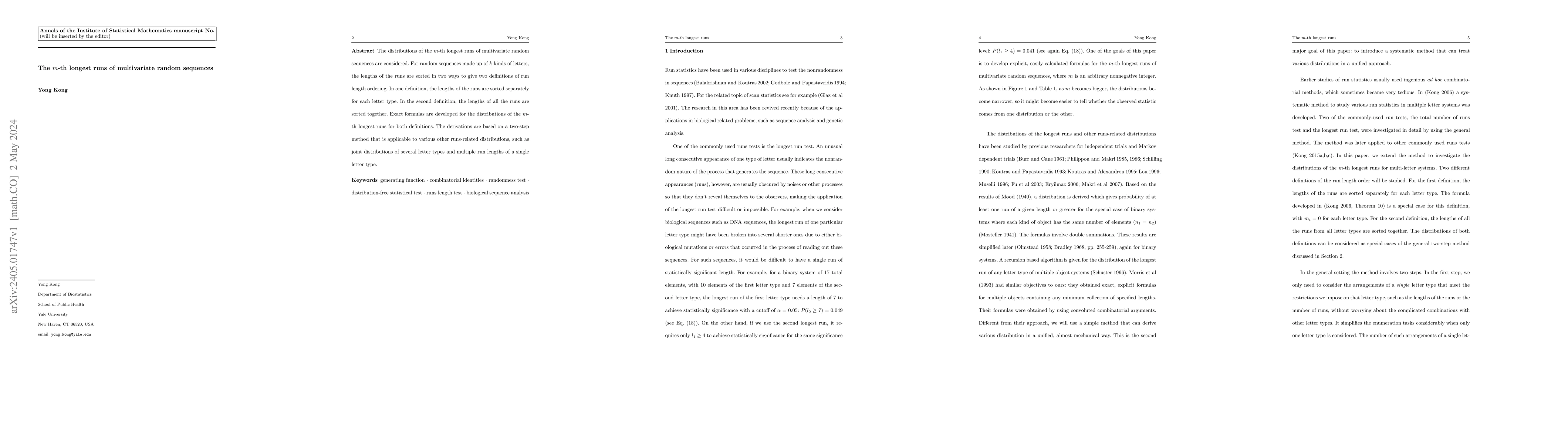 Thumbnail for The m-th Longest Runs of Multivariate Random Sequences