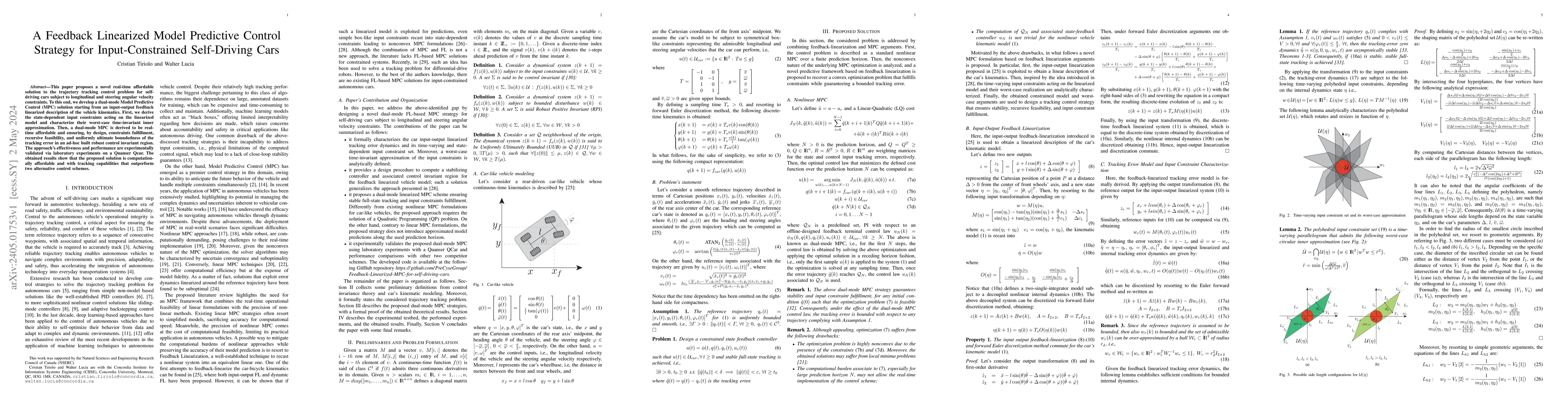 Thumbnail for A Feedback Linearized Model Predictive Control Strategy for
  Input-Constrained Self-Driving Cars