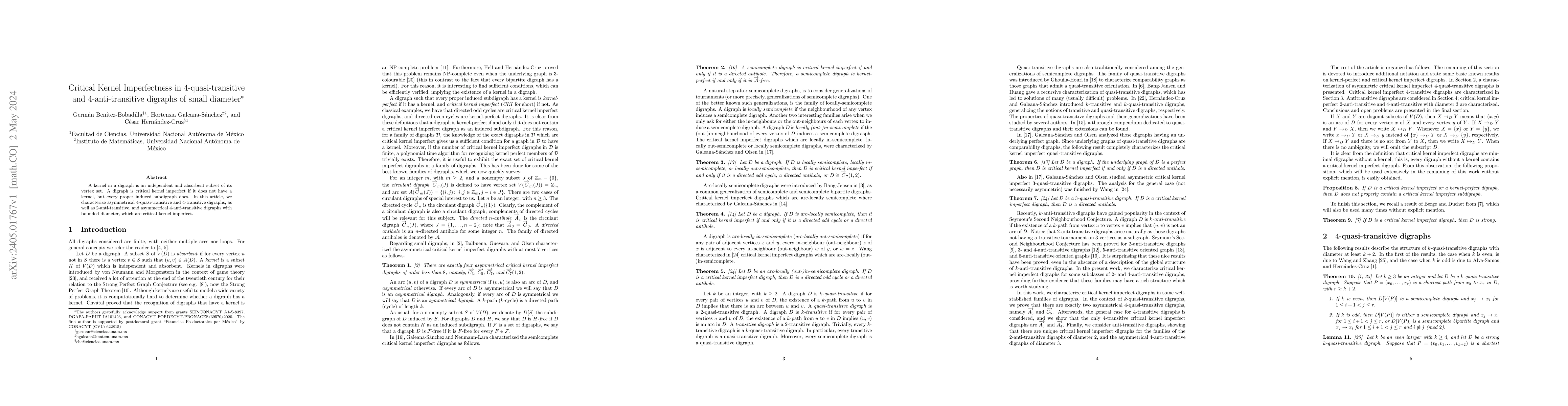 Thumbnail for Critical Kernel Imperfectness in $4$-quasi-transitive and
  $4$-anti-transitive digraphs of small diameter