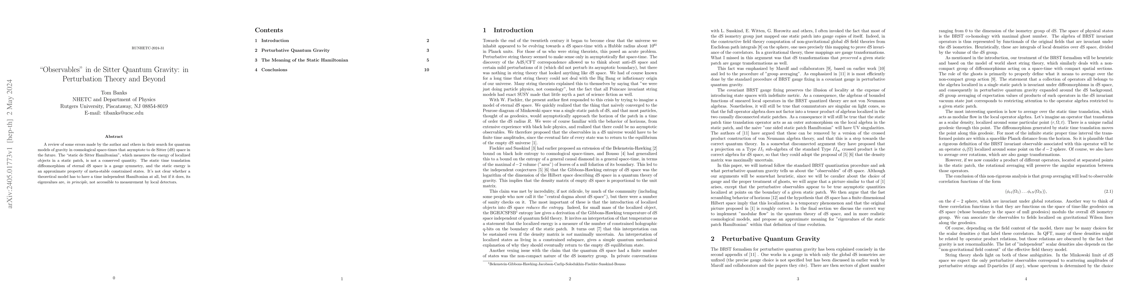 Thumbnail for "Observables" in de Sitter Quantum Gravity: in Perturbation Theory and
  Beyond
