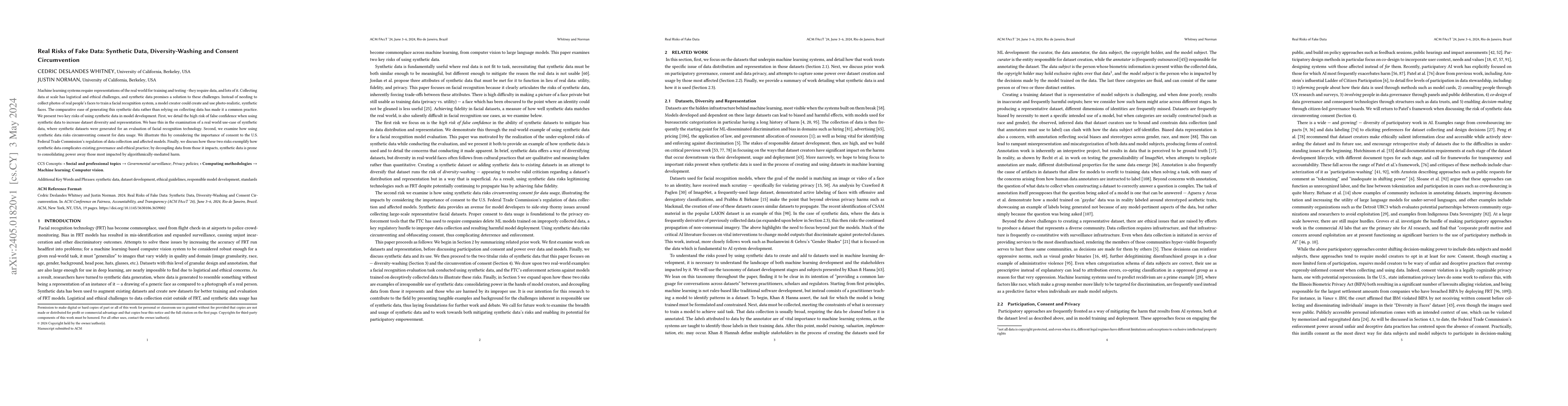 Thumbnail for Real Risks of Fake Data: Synthetic Data, Diversity-Washing and Consent
  Circumvention