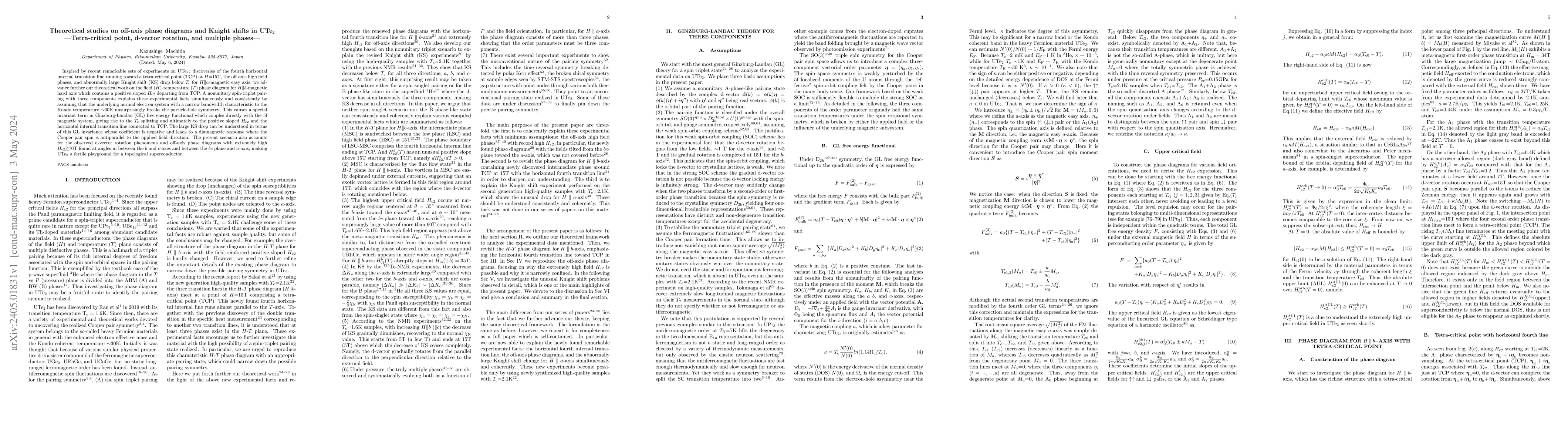 Thumbnail for Theoretical studies on off-axis phase diagrams and Knight shifts in
  UTe$_2$ -- Tetra-critical point, d-vector rotation, and multiple phases