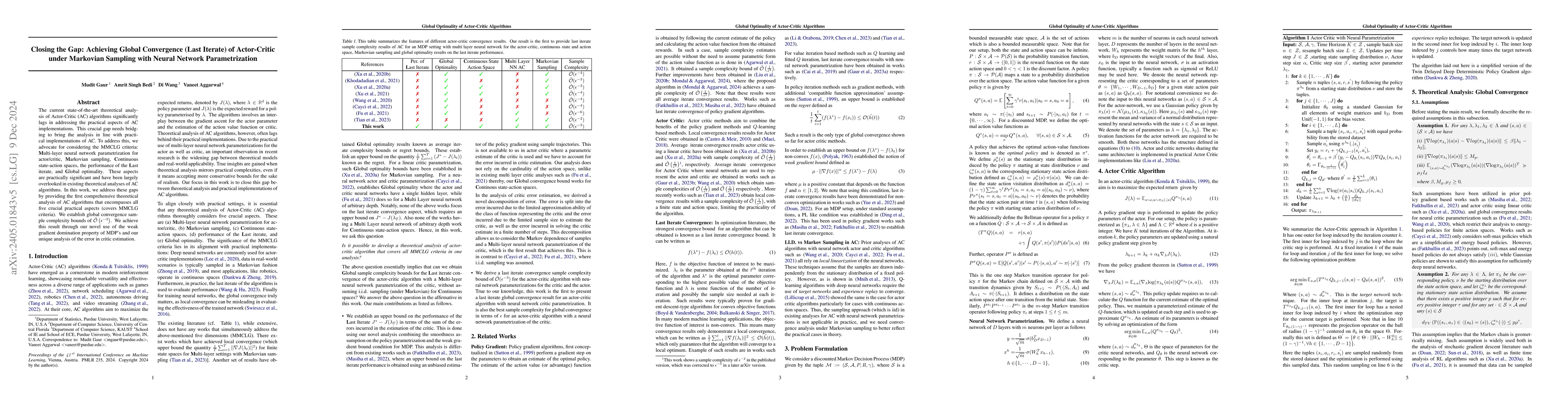 Thumbnail for Closing the Gap: Achieving Global Convergence (Last Iterate) of
  Actor-Critic under Markovian Sampling with Neural Network Parametrization