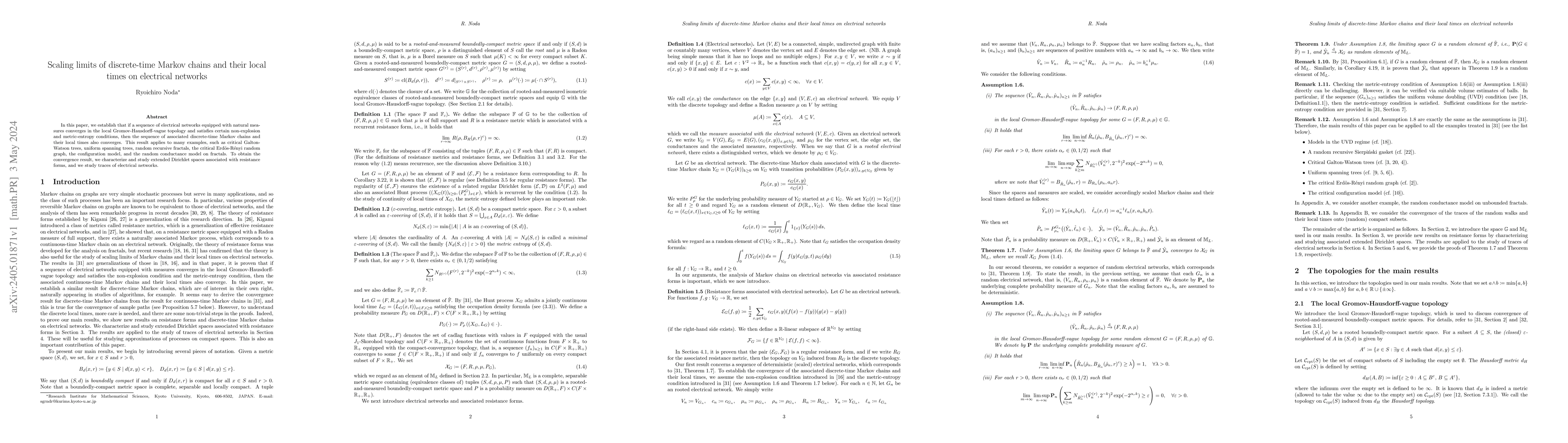 Thumbnail for Scaling limits of discrete-time Markov chains and their local times on
  electrical networks