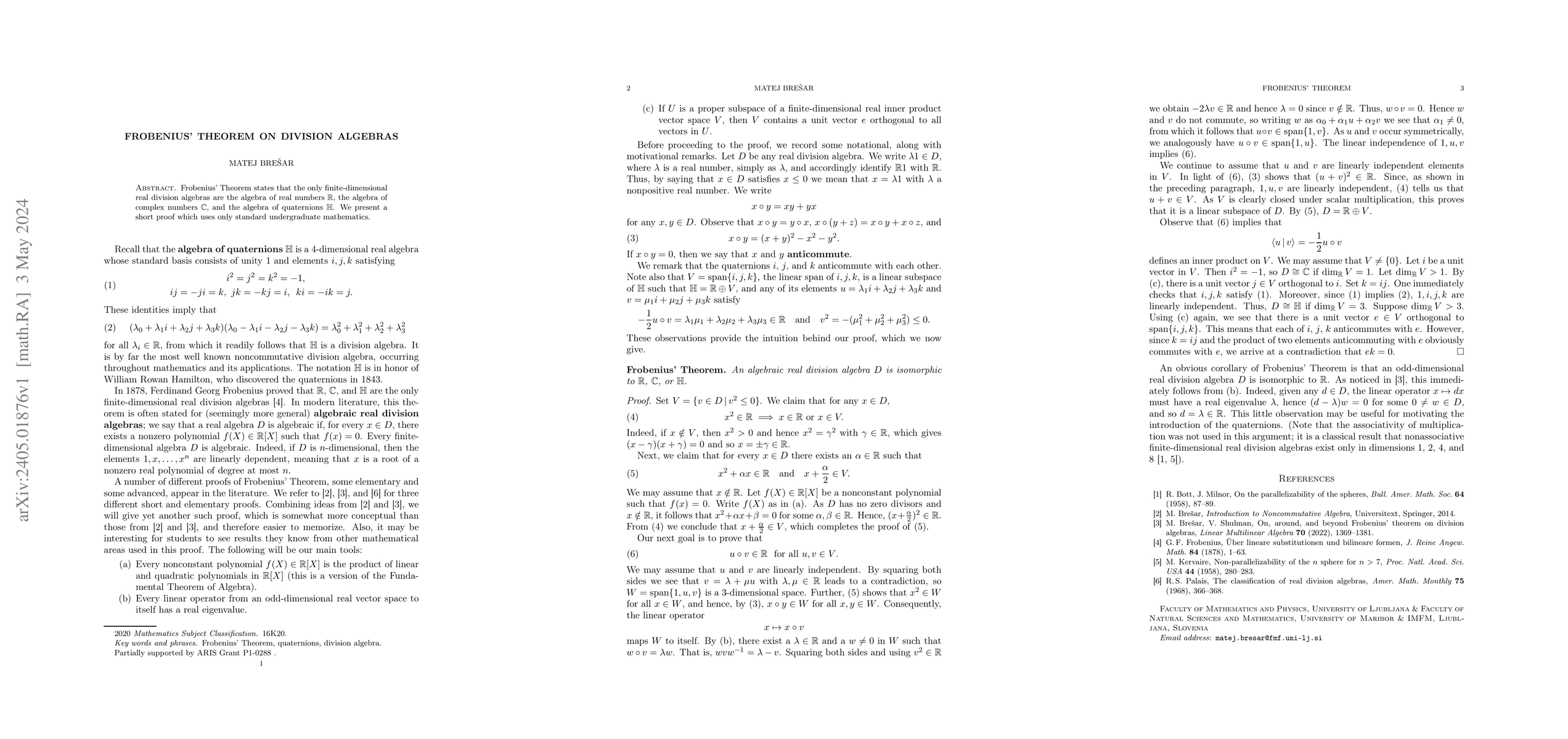 Thumbnail for Frobenius' Theorem on Division Algebras