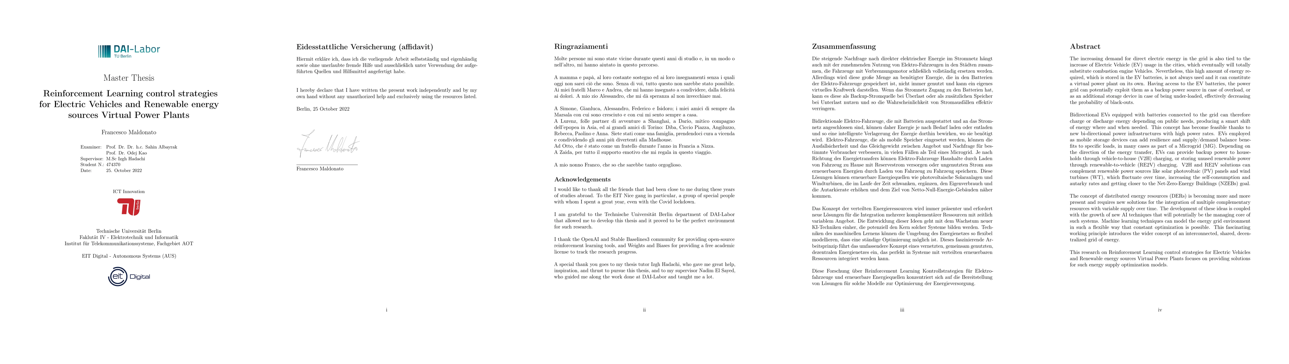 Thumbnail for Reinforcement Learning control strategies for Electric Vehicles and
  Renewable energy sources Virtual Power Plants