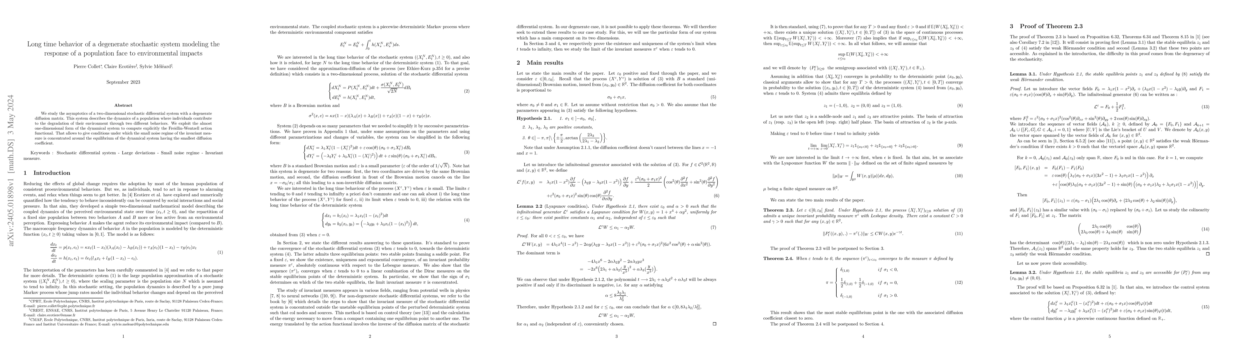Thumbnail for Long time behavior of a degenerate stochastic system modeling the
  response of a population face to environmental impacts