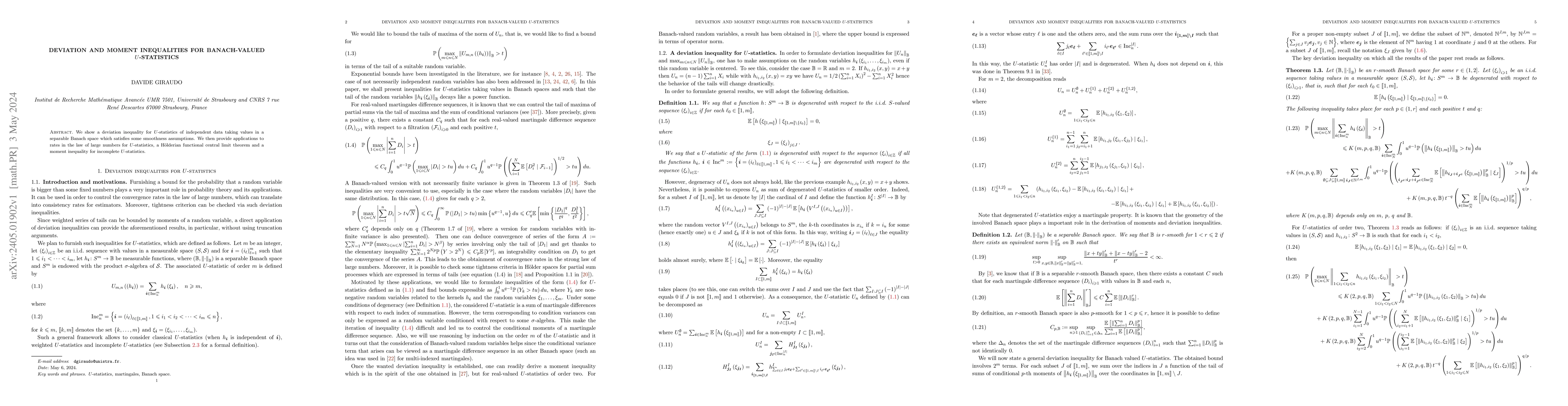 Thumbnail for Deviation and moment inequalities for Banach-valued $U$-statistics