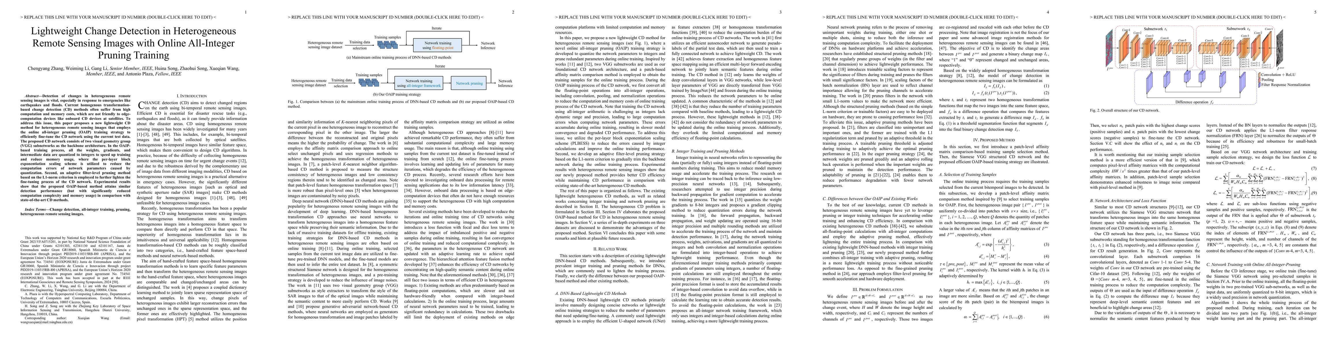 Thumbnail for Lightweight Change Detection in Heterogeneous Remote Sensing Images with
  Online All-Integer Pruning Training