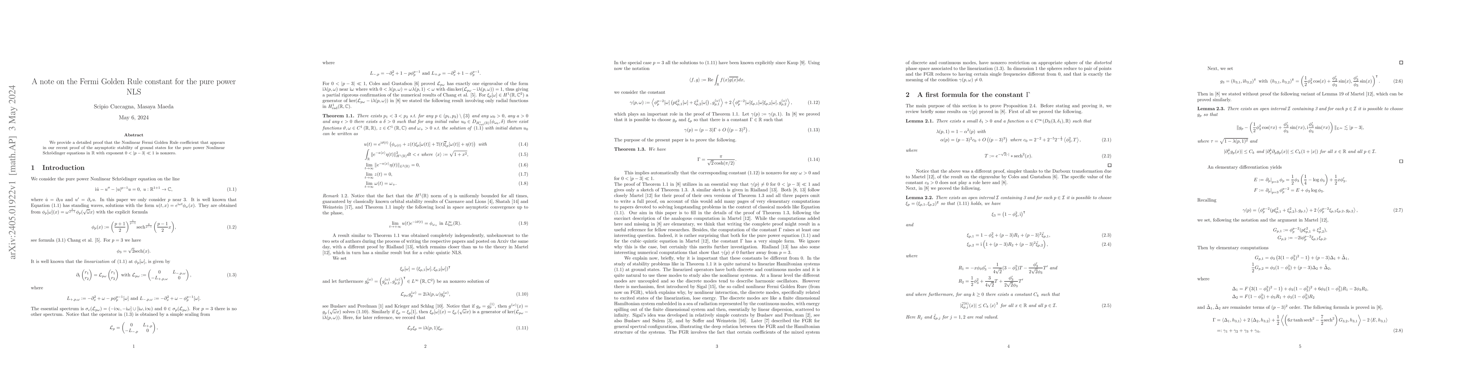 Thumbnail for A note on the Fermi Golden Rule constant for the pure power NLS