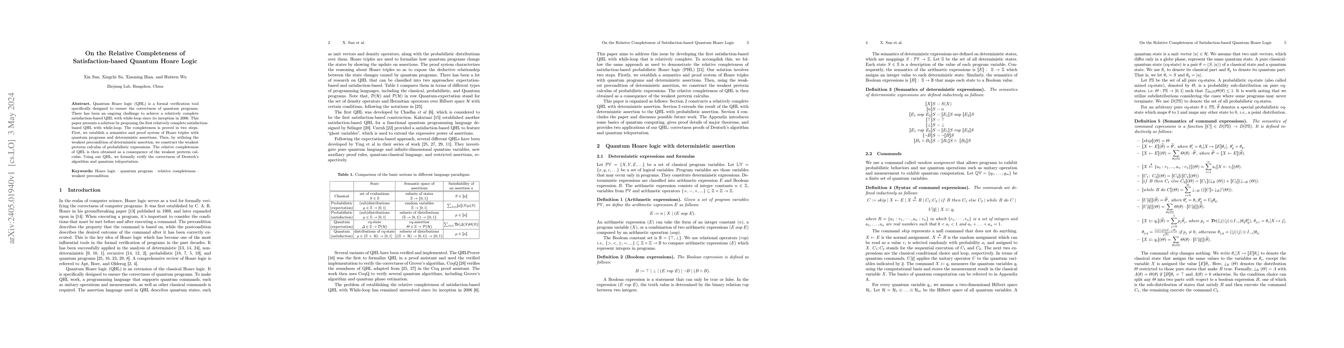 Thumbnail for On the Relative Completeness of Satisfaction-based Quantum Hoare Logic