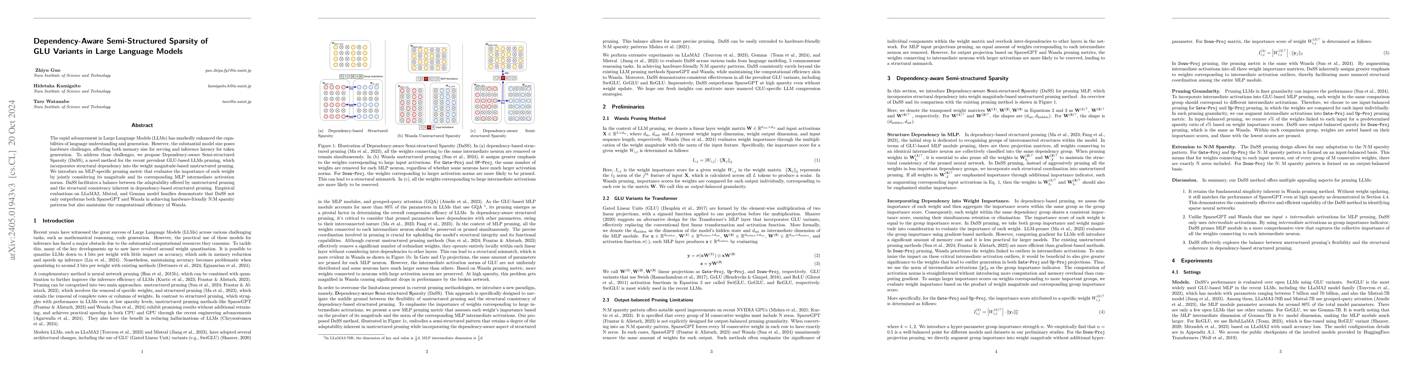 Thumbnail for Dependency-Aware Semi-Structured Sparsity: Declining Roles of Outliers
  in Pruning GLU-based LLMs