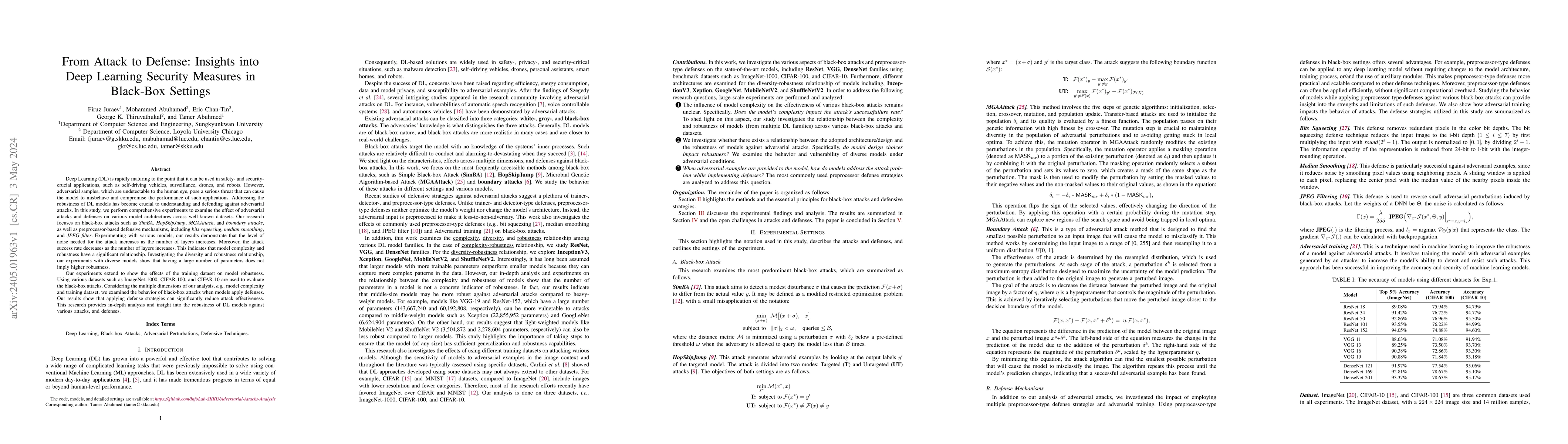 Thumbnail for From Attack to Defense: Insights into Deep Learning Security Measures in
  Black-Box Settings