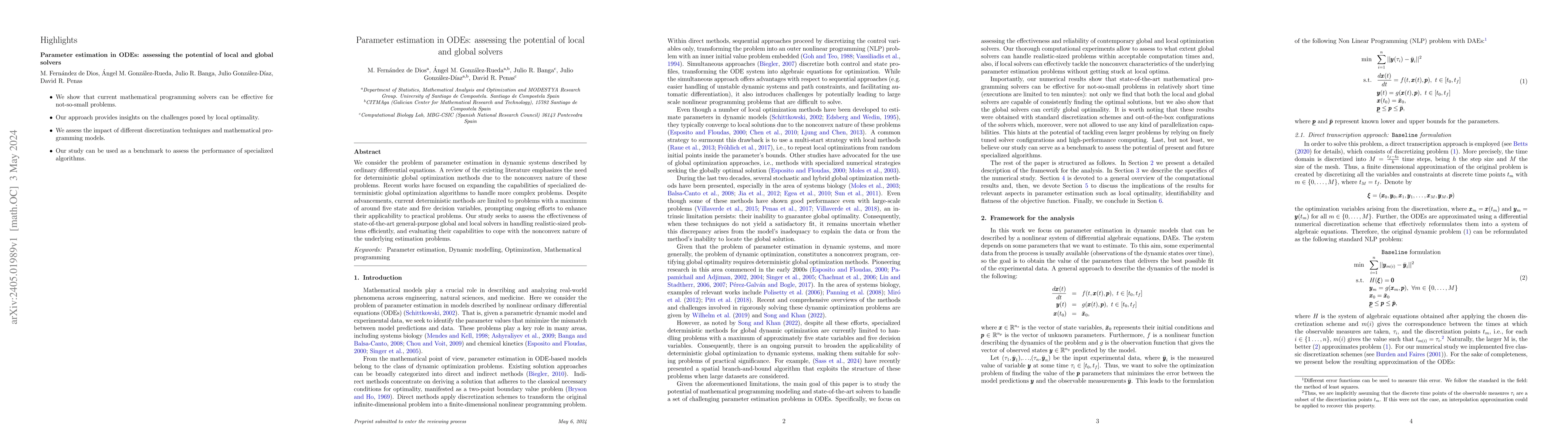 Thumbnail for Parameter estimation in ODEs: assessing the potential of local and
  global solvers