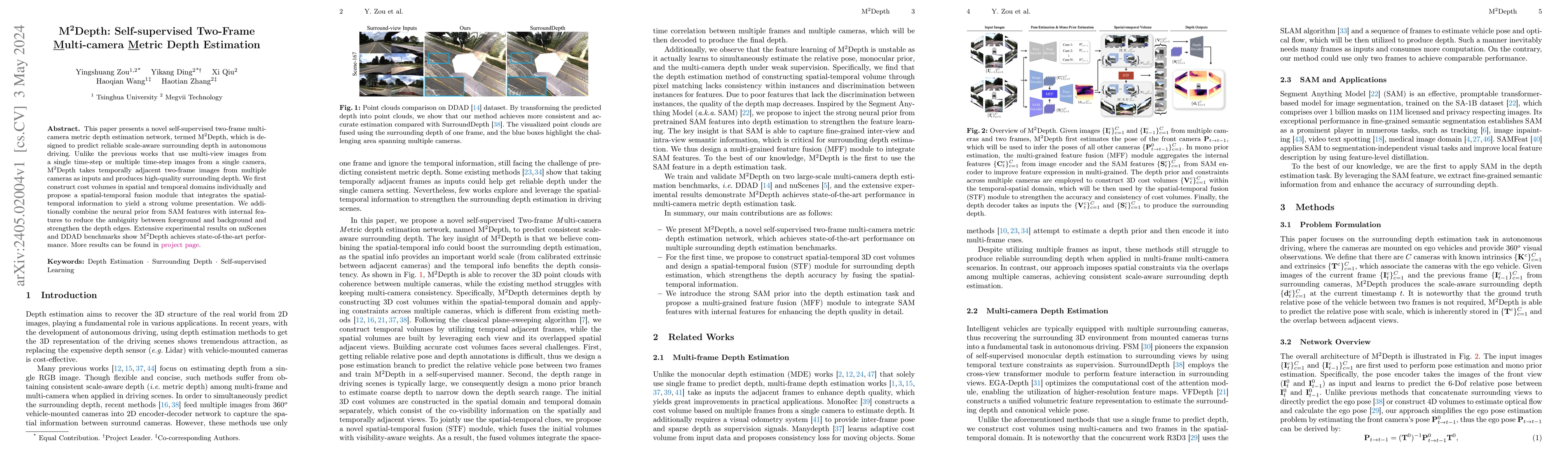 Thumbnail for M${^2}$Depth: Self-supervised Two-Frame Multi-camera Metric Depth
  Estimation