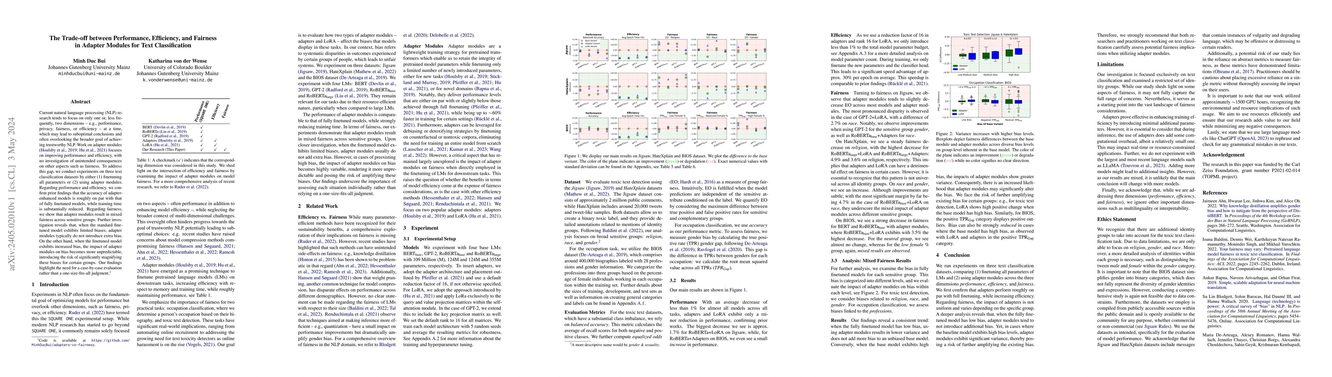 Thumbnail for The Trade-off between Performance, Efficiency, and Fairness in Adapter
  Modules for Text Classification