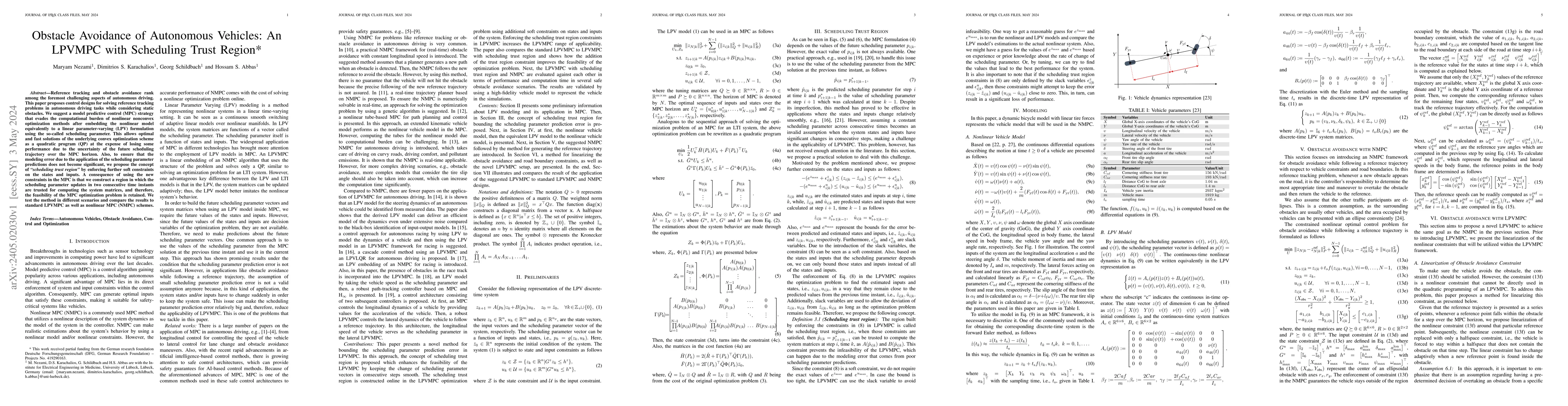 Thumbnail for Obstacle Avoidance of Autonomous Vehicles: An LPVMPC with Scheduling
  Trust Region