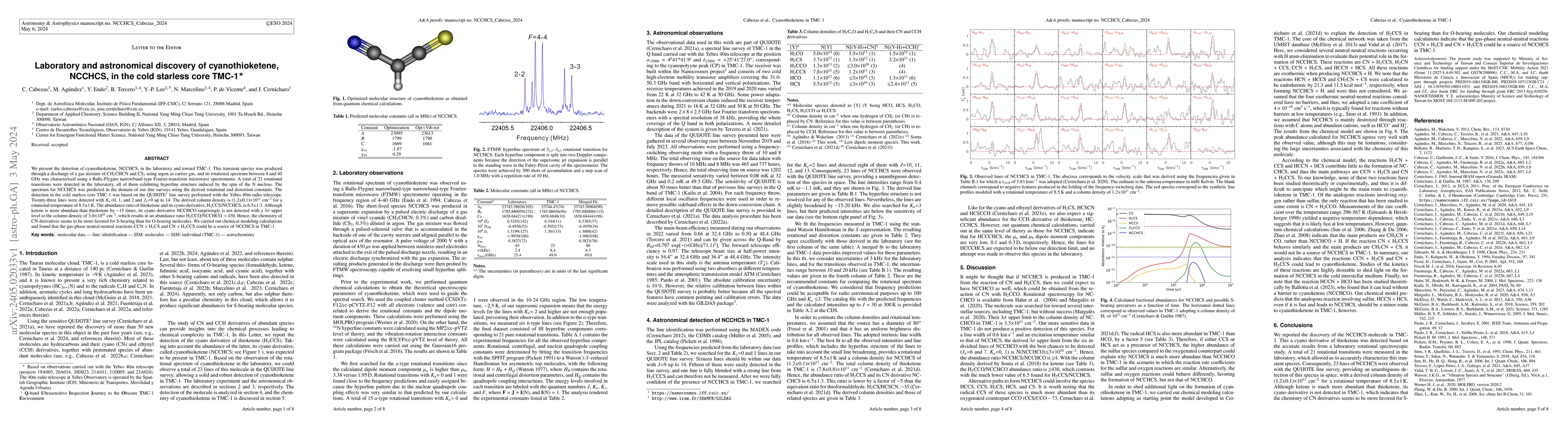 Thumbnail for Laboratory and astronomical discovery of cyanothioketene, NCCHCS, in the
  cold starless core TMC-1