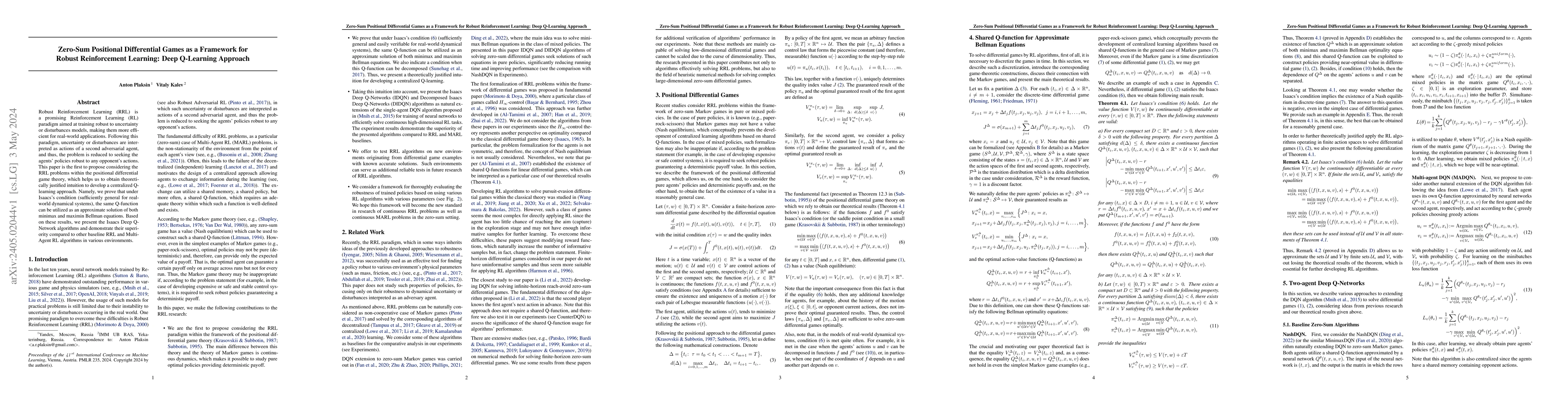 Thumbnail for Zero-Sum Positional Differential Games as a Framework for Robust
  Reinforcement Learning: Deep Q-Learning Approach