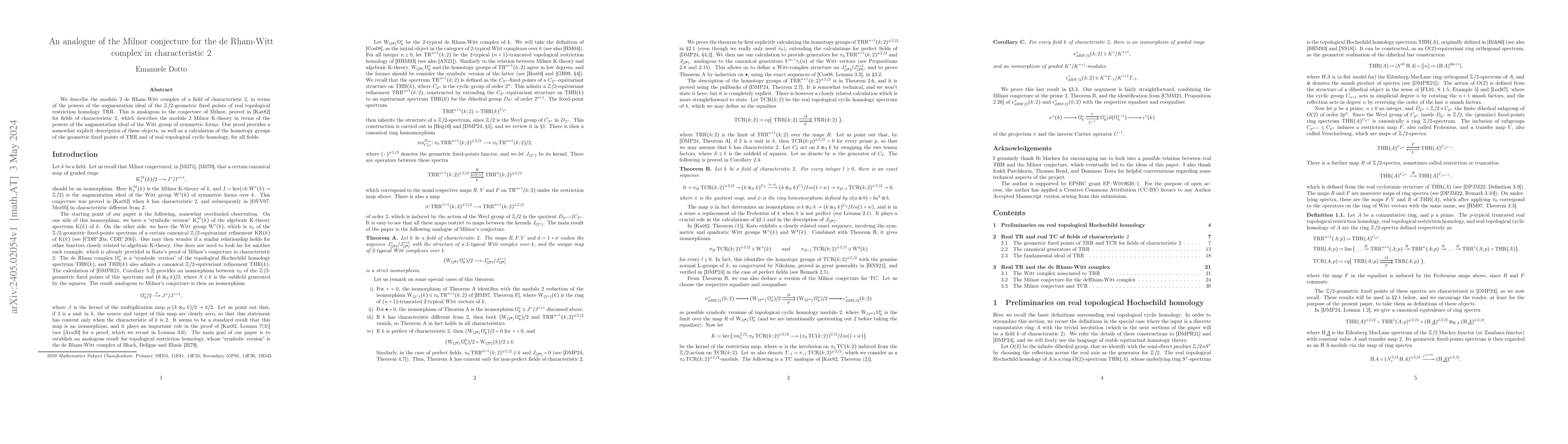 Thumbnail for An analogue of the Milnor conjecture for the de Rham-Witt complex in
  characteristic 2