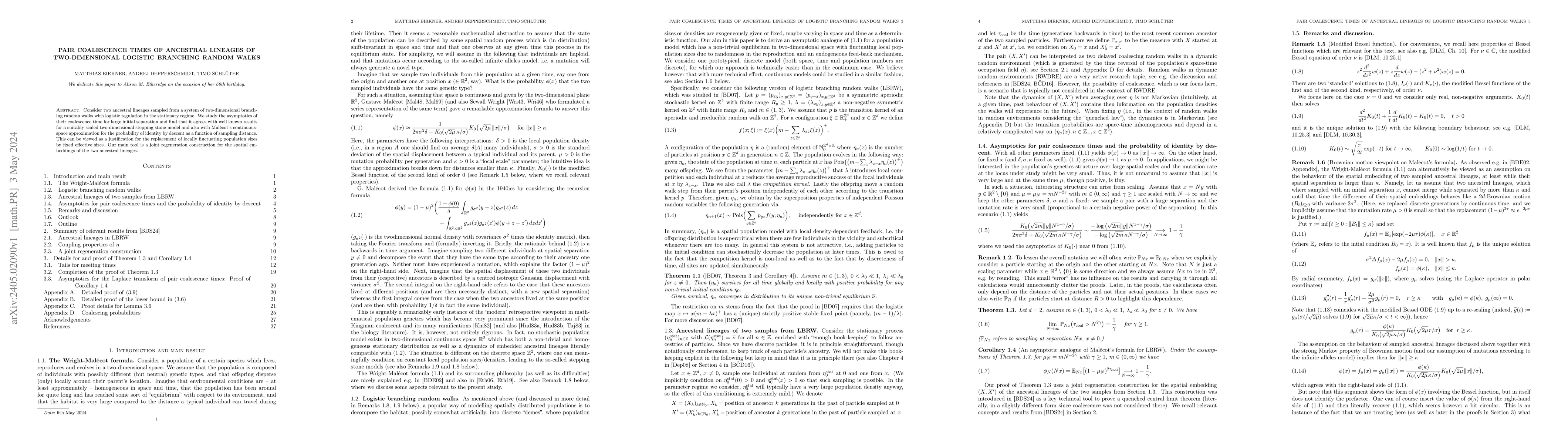 Thumbnail for Pair coalescence times of ancestral lineages of two-dimensional logistic
  branching random walks