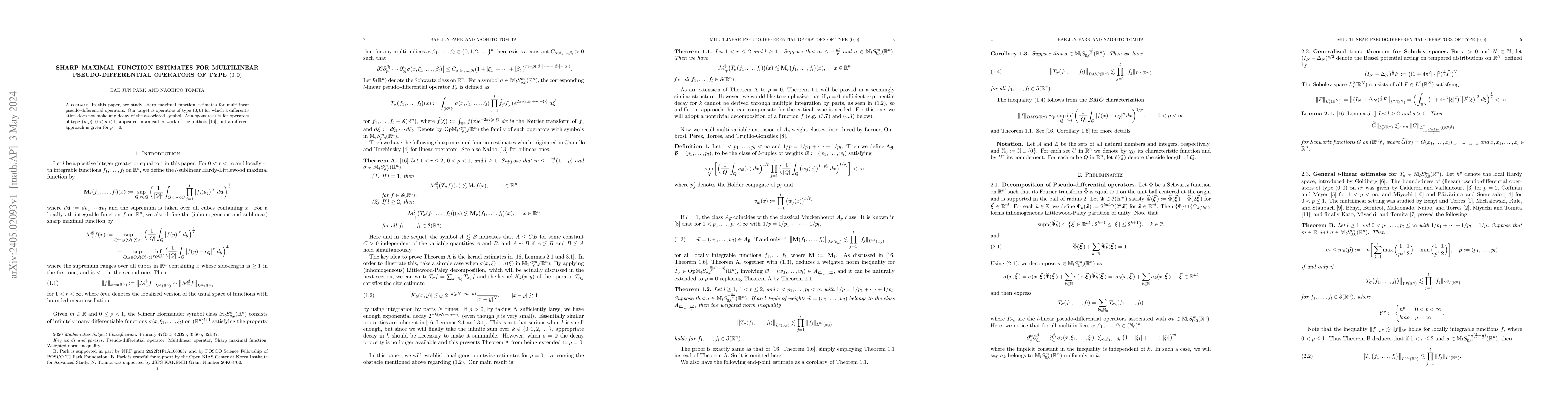 Thumbnail for Sharp Maximal function estimates for Multilinear pseudo-differential
  operators of type (0,0)