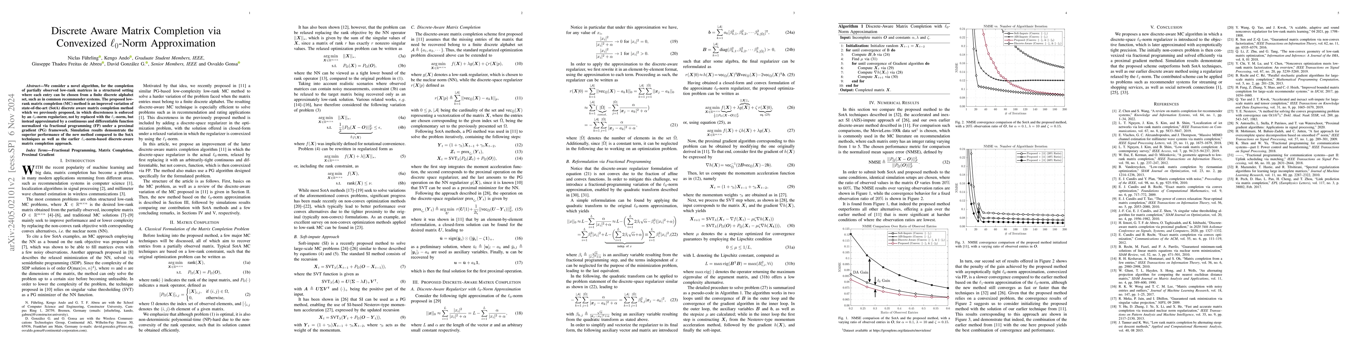 Thumbnail for Discrete Aware Matrix Completion via Convexized $\ell_0$-Norm
  Approximation