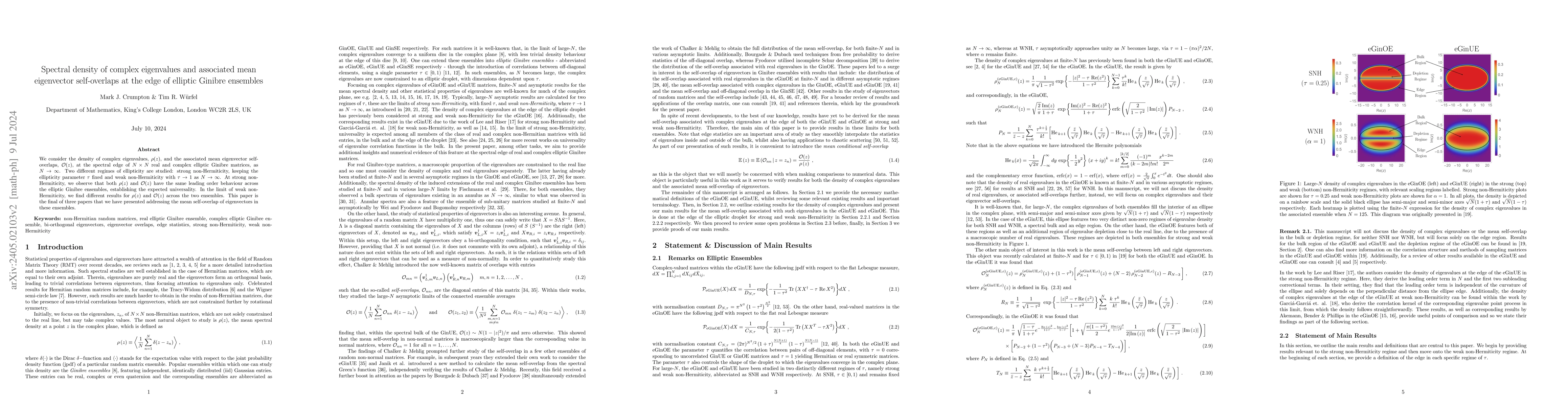 Thumbnail for Spectral density of complex eigenvalues and associated mean eigenvector
  self-overlaps at the edge of elliptic Ginibre ensembles