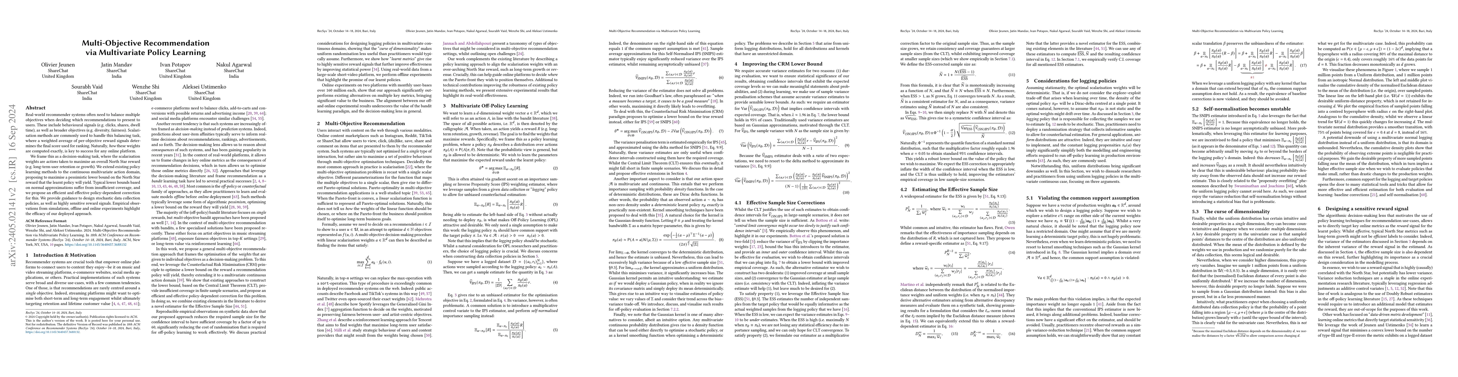 Thumbnail for Multi-Objective Recommendation via Multivariate Policy Learning