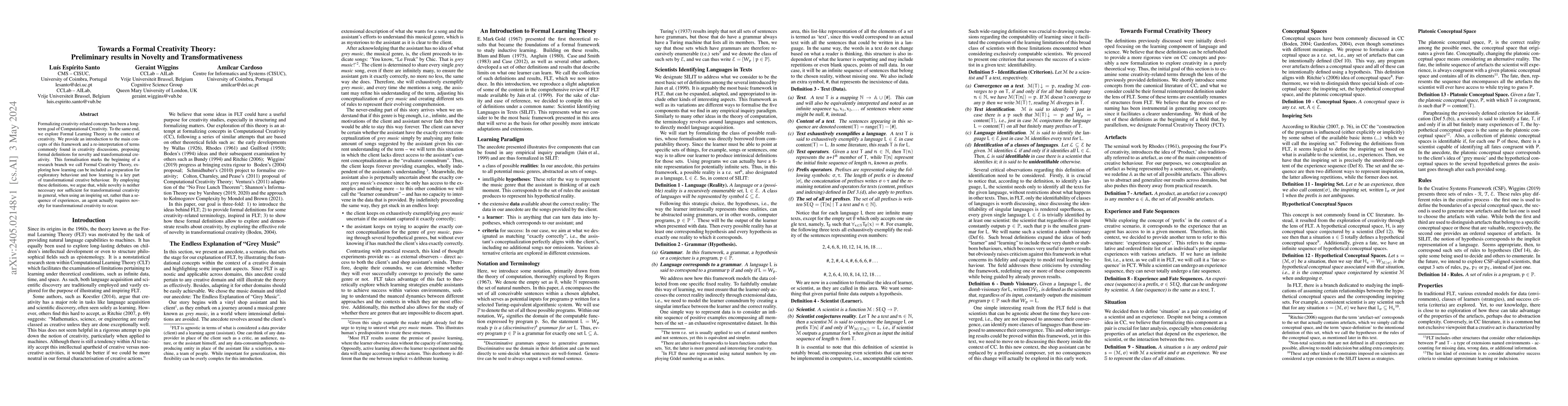 Thumbnail for Towards a Formal Creativity Theory: Preliminary results in Novelty and
  Transformativeness