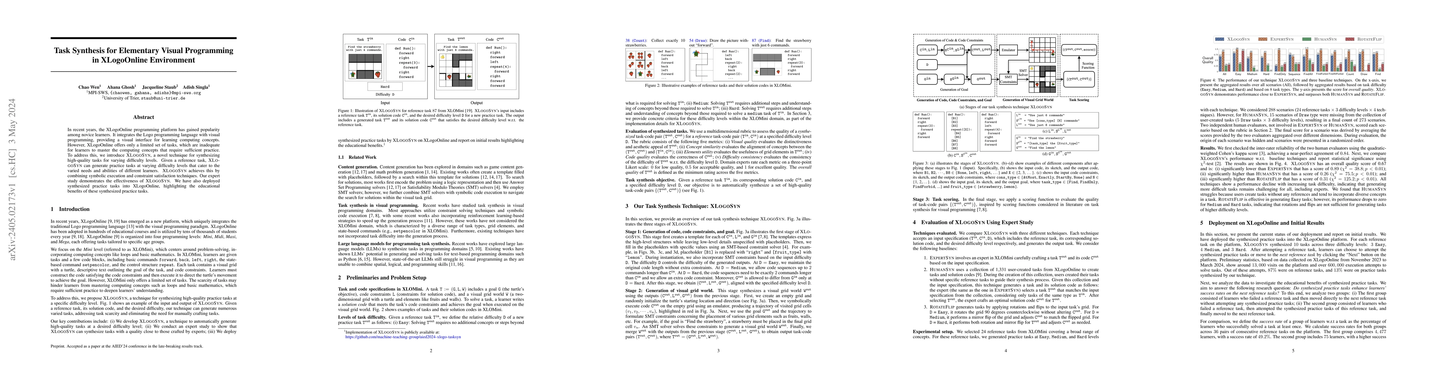 Thumbnail for Task Synthesis for Elementary Visual Programming in XLogoOnline
  Environment