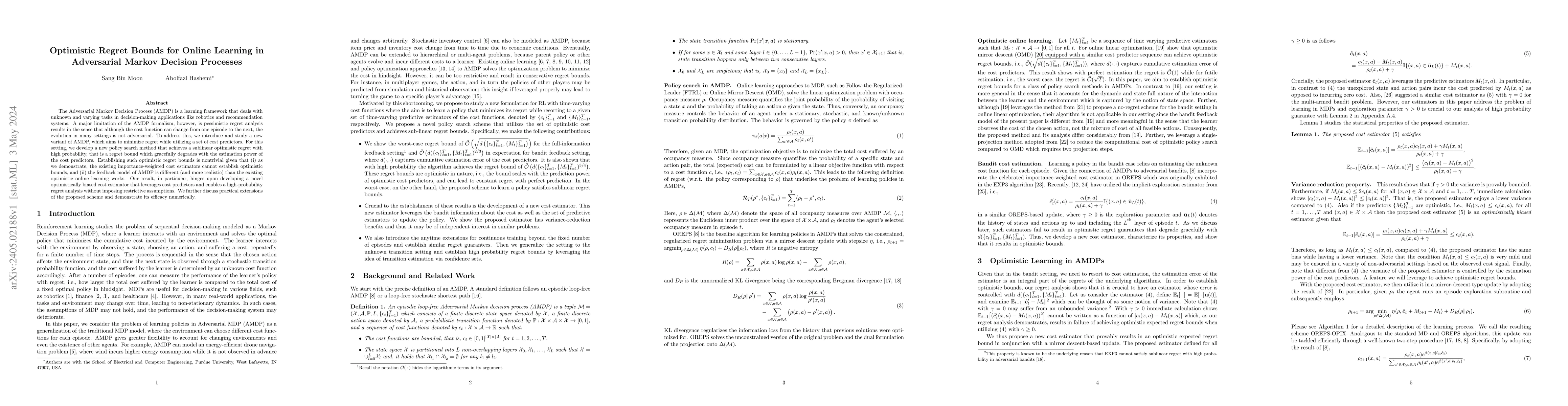 Thumbnail for Optimistic Regret Bounds for Online Learning in Adversarial Markov
  Decision Processes
