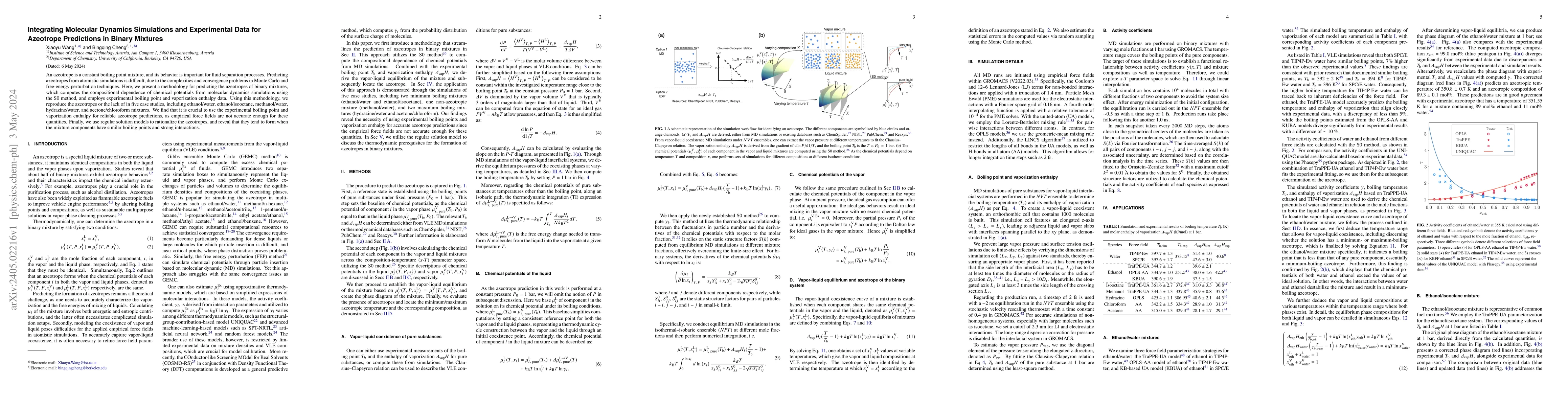 Thumbnail for Integrating Molecular Dynamics Simulations and Experimental Data for
  Azeotrope Predictions in Binary Mixtures